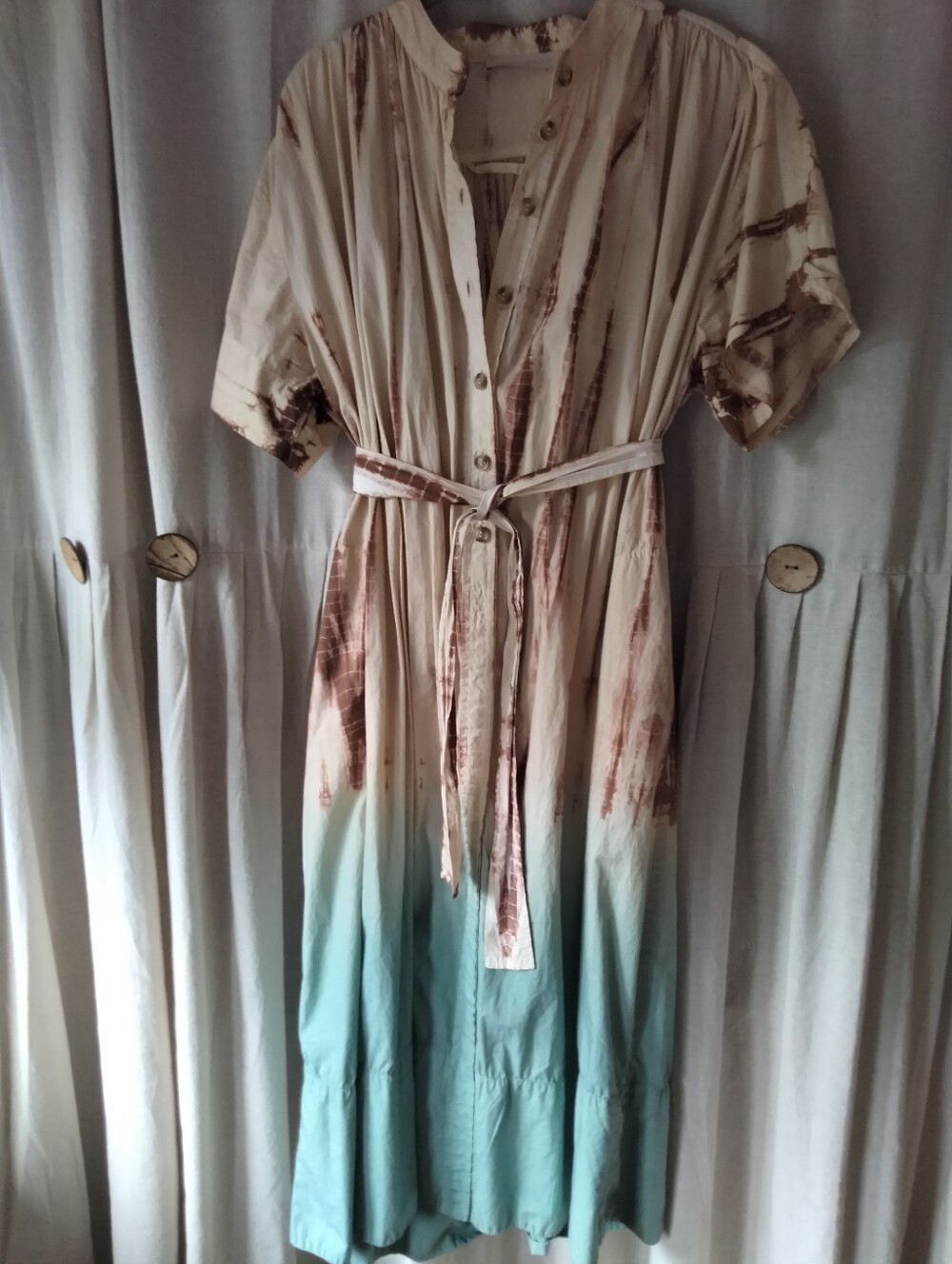 Women’s Cream and Teal Ombre Button-Front Midi Dress with Belt